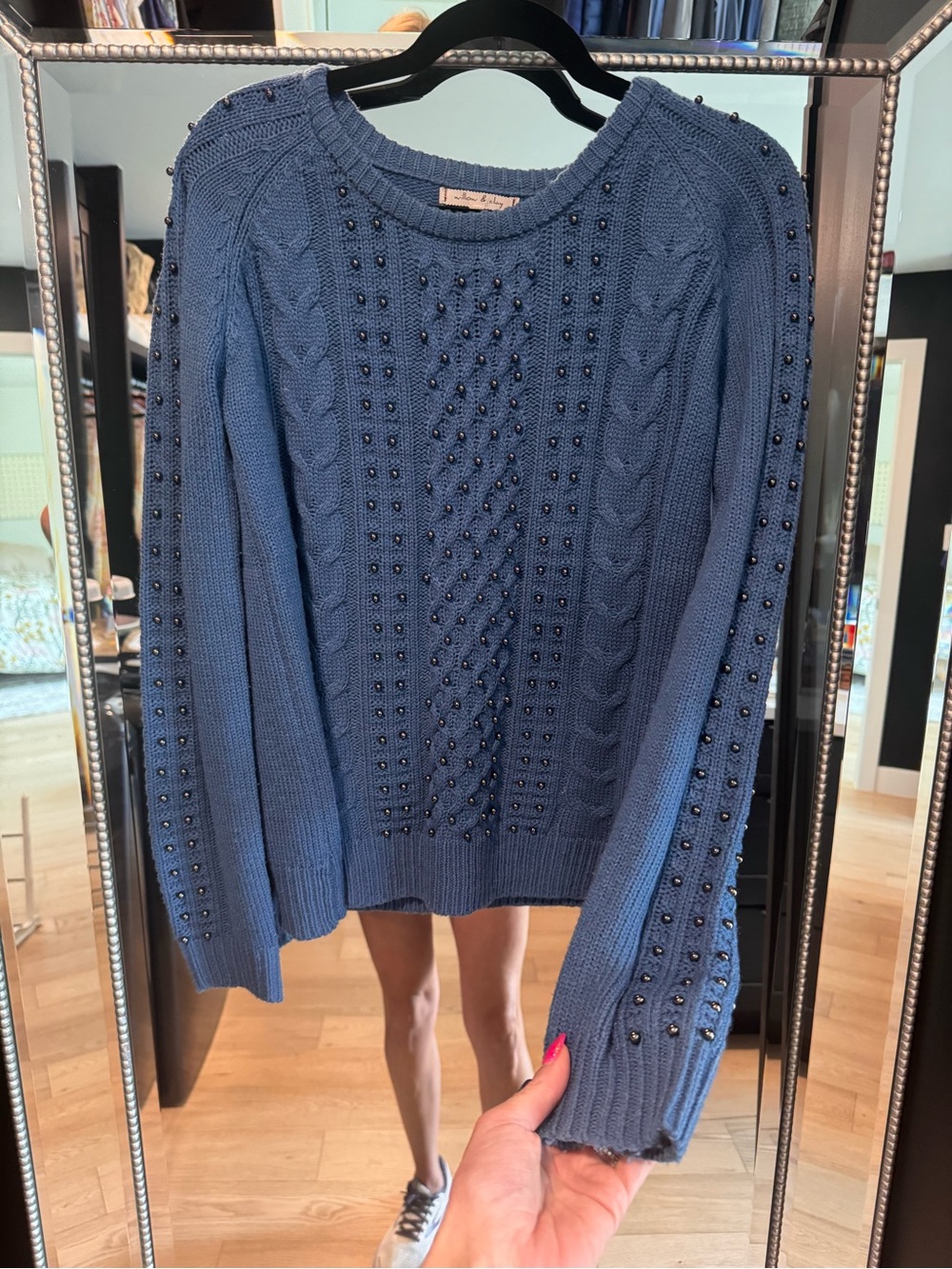 Willow & Clay Blue silver bead / grommeted Cable-Knit Sweater